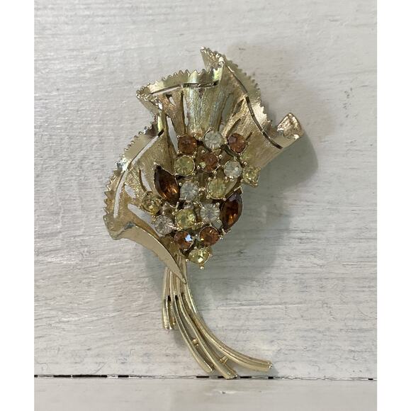 Vintage Coro Gold Tone & Brown Yellow Rhinestone Flower Bouquet Brooch Pin - Picture 1 of 12